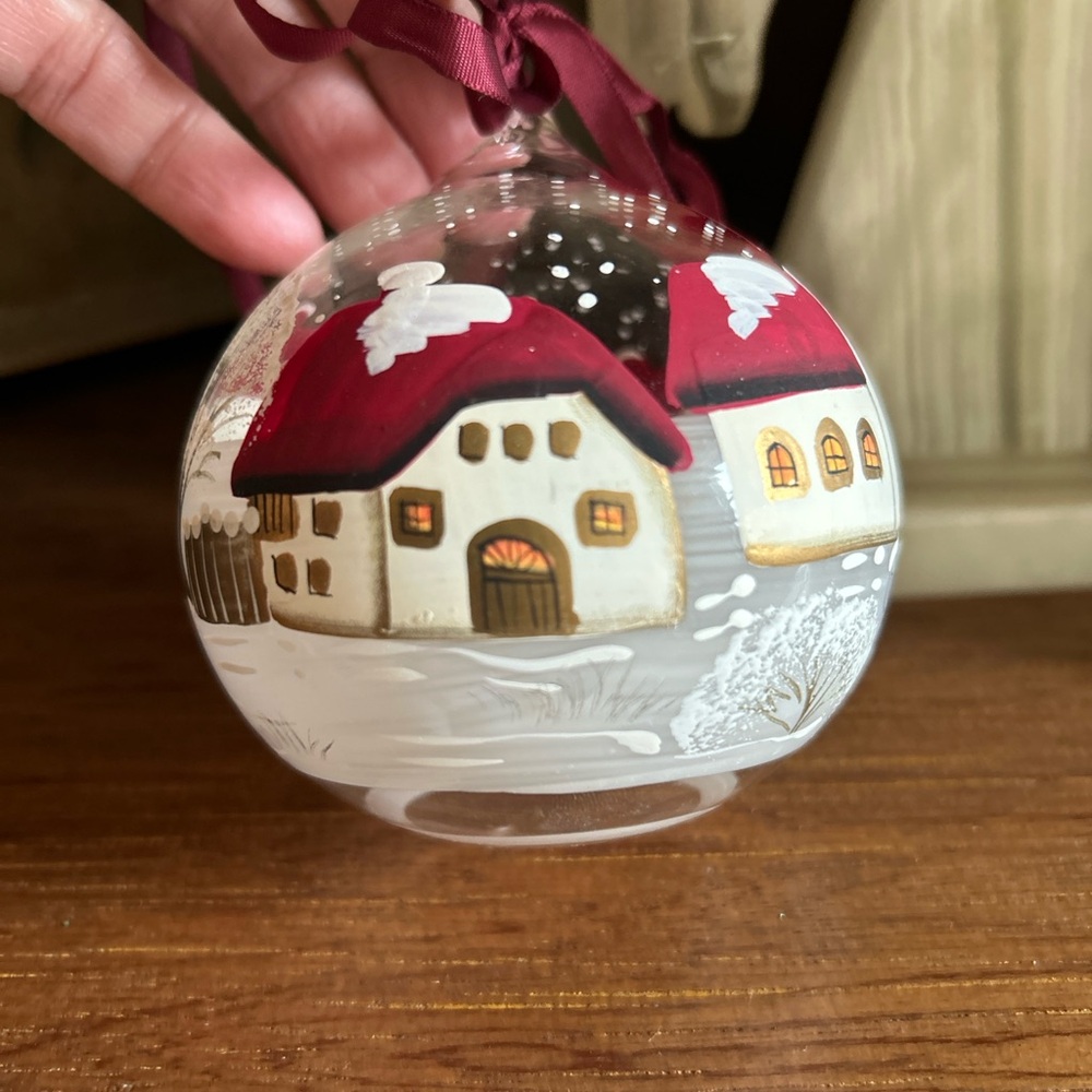 Winter Scene Glass Blown Ornament W/Houses, Church Etc Has Artist Initials-New - Picture 1 of 7